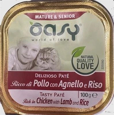 Cibo Umido Per Gatti OASY CAT PATE' DELIZIOSO MATURE POLLO/AGNELLO 16 X GR 100