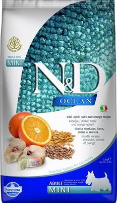 MANGIME SECCO PER CANI ND DOG OCEAN MINI MERLUZZO/FARRO/AVENA/ARANCIA KG 2,5