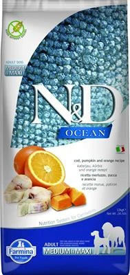 MANGIME SECCO PER CANI ND DOG OCEAN MEDIUM/MAXI MERLUZZO/ZUCCA/ARANCIA KG 12