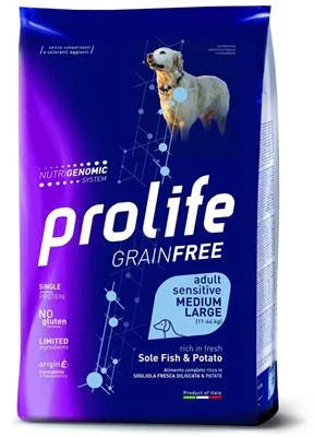 MANGIME SECCO PER CANI PROLIFE DOG GRAIN FREE MEDIUM/LARGE SOGLIOLA/PATATE KG 2,5