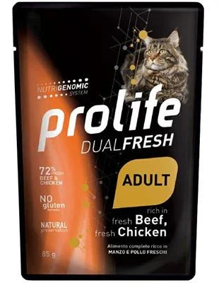 Cibo Umido Per Gatti PROLIFE CAT UM DUAL BUSTE MANZO/POLLO 12 X GR 85 NEW